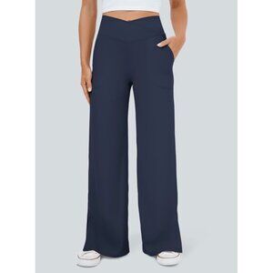 Halara DayStretch Crossover Pocket Hem Wide Leg Yoga Pants Sz Medium Womens Navy